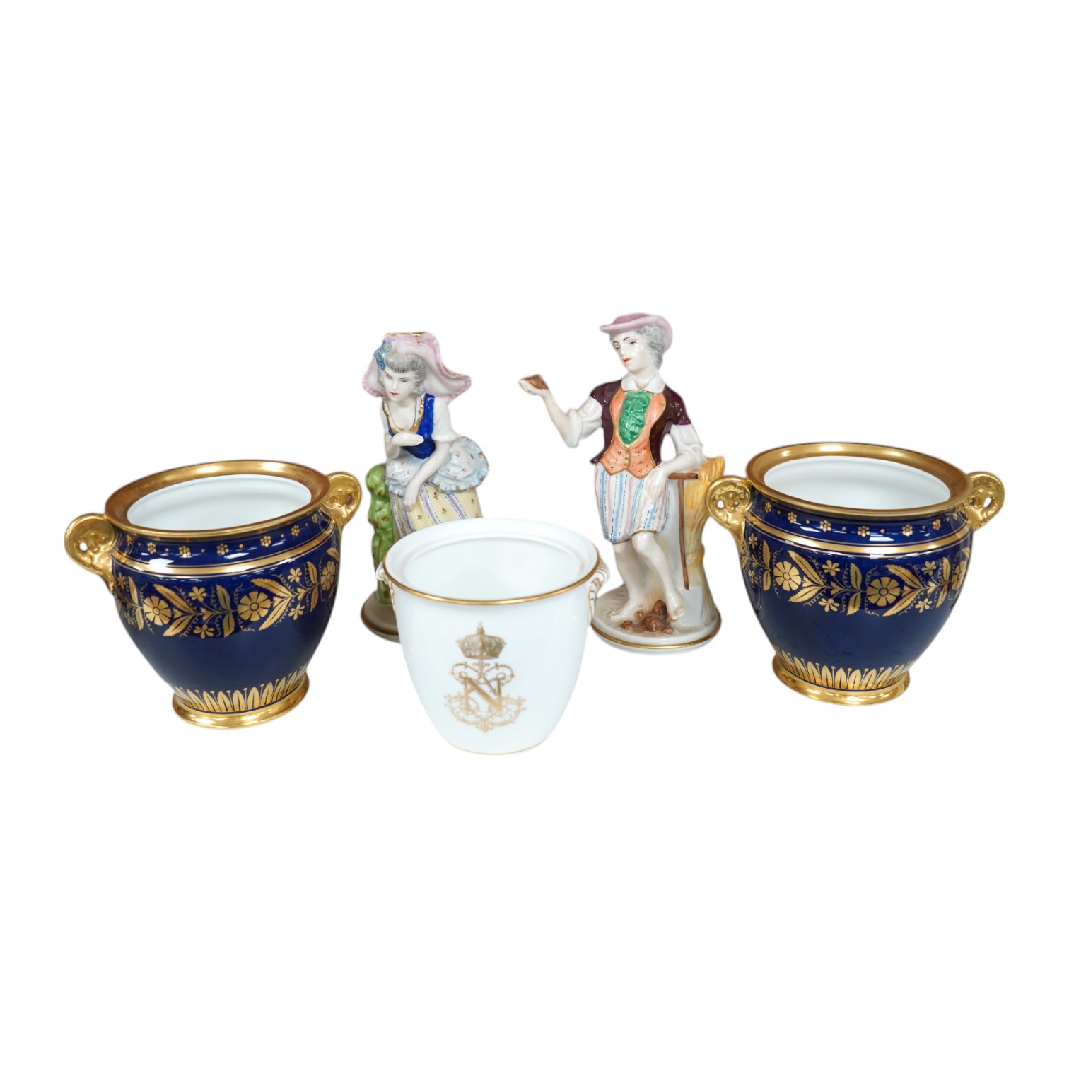 Capo di monte; a pair of figures, a pair of blue and gilt pots and a white and gilt Napoleonic monogrammed pot, tallest item 16.5cm high. Condition - fair